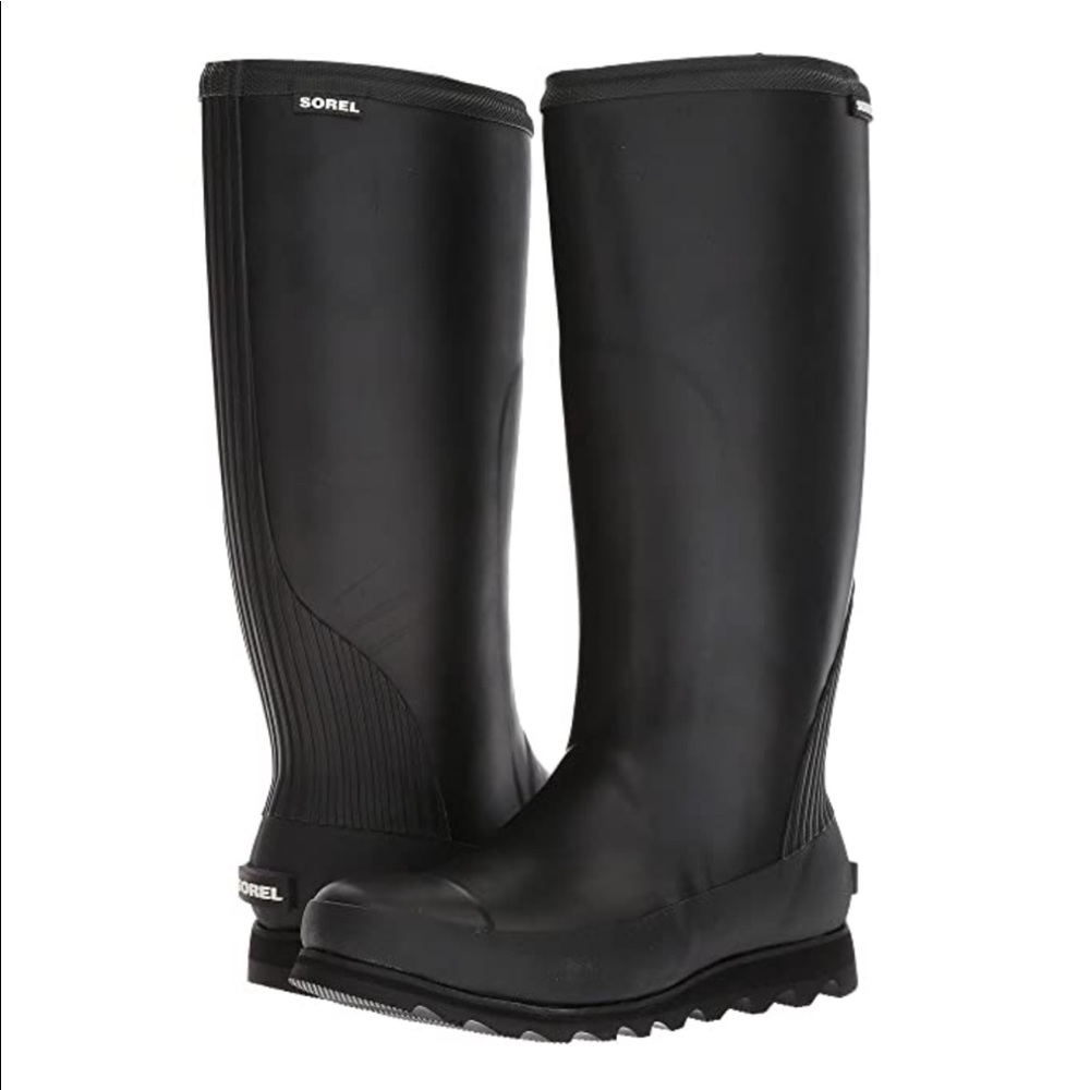 New Sorel Tall Joan Black Rubber Rain Boots Waterproof Size 5.5
